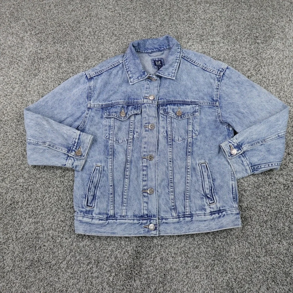 Gap Jacket Girls L Blue Jean Denim Flap Pocket Western Biker Trucker Bomber Coat